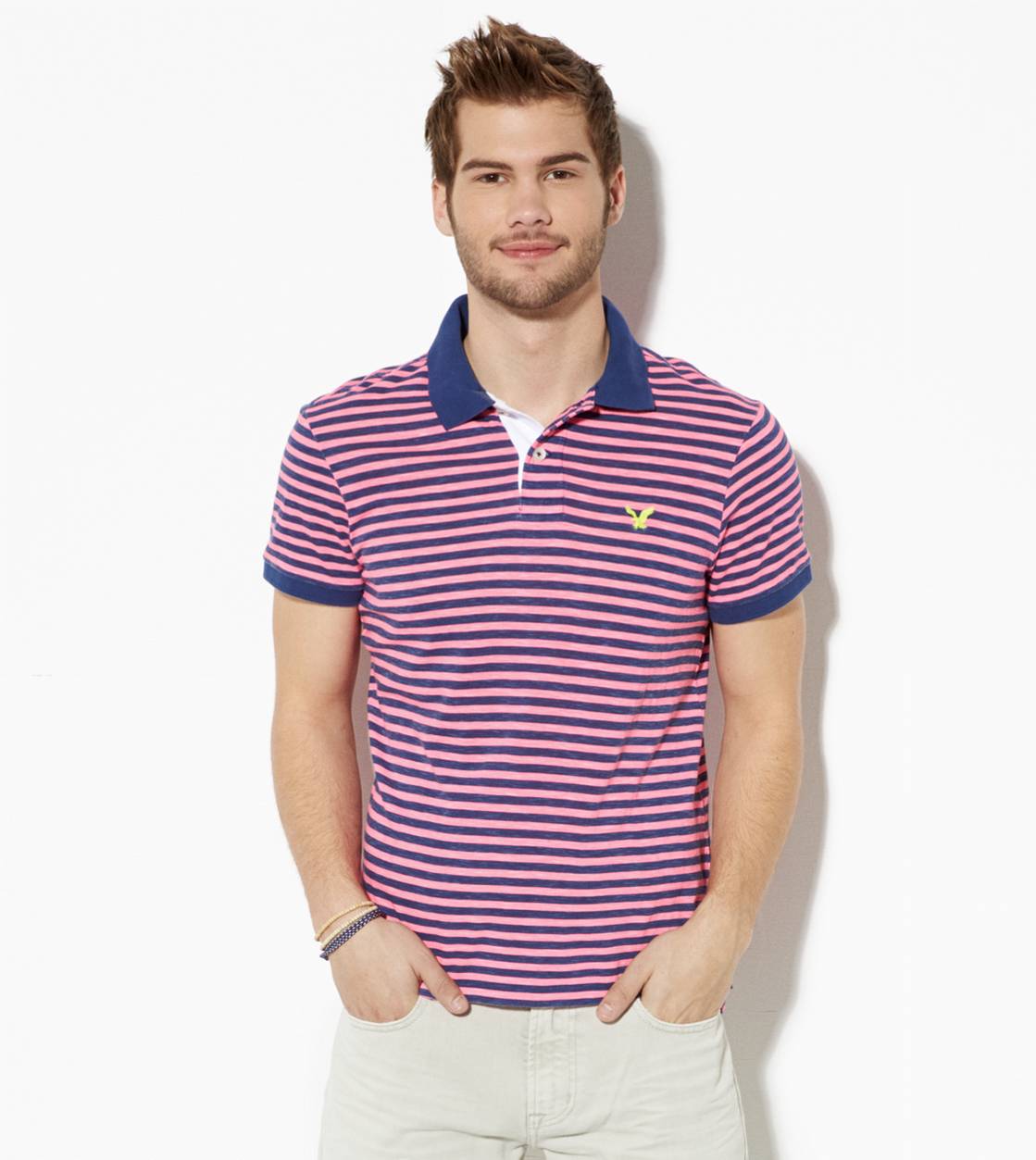 เสื้อโปโลผู้ชาย American Eagle STRIPED JERSEY POLO - PINK รูปที่ 1