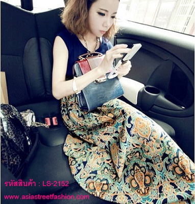 พร้อมส่ง ชุดเดรสยาวแฟชั่นเ ใส่ทำงาน สีกรมท่า ลายส้มเขียว รูปที่ 4