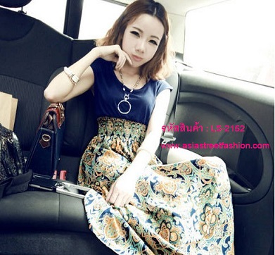 พร้อมส่ง ชุดเดรสยาวแฟชั่นเ ใส่ทำงาน สีกรมท่า ลายส้มเขียว รูปที่ 6
