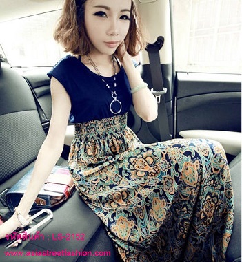 พร้อมส่ง ชุดเดรสยาวแฟชั่นเ ใส่ทำงาน สีกรมท่า ลายส้มเขียว รูปที่ 3