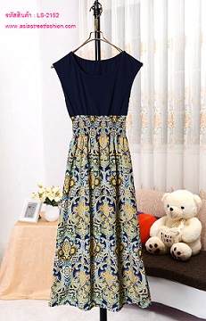 พร้อมส่ง ชุดเดรสยาวแฟชั่นเ ใส่ทำงาน สีกรมท่า ลายส้มเขียว รูปที่ 5