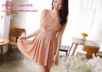 พร้อมส่ง ชุดเดรส สีแอพพริคอท ผ้าชีฟอง ใส่ทำงาน ใส่เที่ยว รูปที่ 4