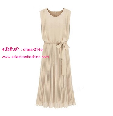 พร้อมส่ง เดรสยาวแขนกุด สีแอพพริคอท ผ้าชีฟอง อัดพลีท ออกงาน  รูปที่ 3