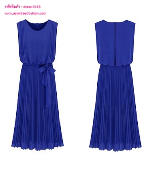 พร้อมส่ง เดรสยาวแขนกุด สีแอพพริคอท ผ้าชีฟอง อัดพลีท ออกงาน  รูปที่ 5