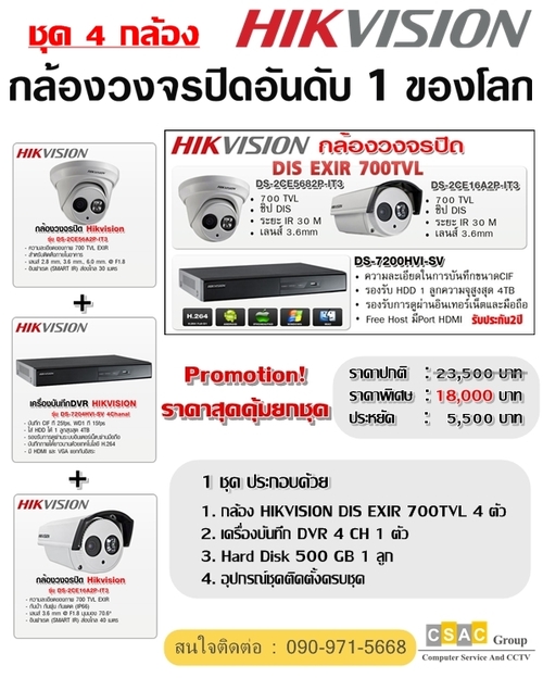 ชุดโปรโมชั่นกล้องวงจรปิด 4 CH Hikvision 700 TVL ปกติ 23,500 บาท ราคาพิเศษ 18,000 บาท (ประหยัด 23.40%) รูปที่ 1