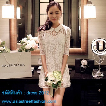 พร้อมส่ง เดรสคอปก ผ้าลูกไม้ สีขาว น่ารัก ใส่ทำงาน ใส่ออกงาน รูปที่ 5