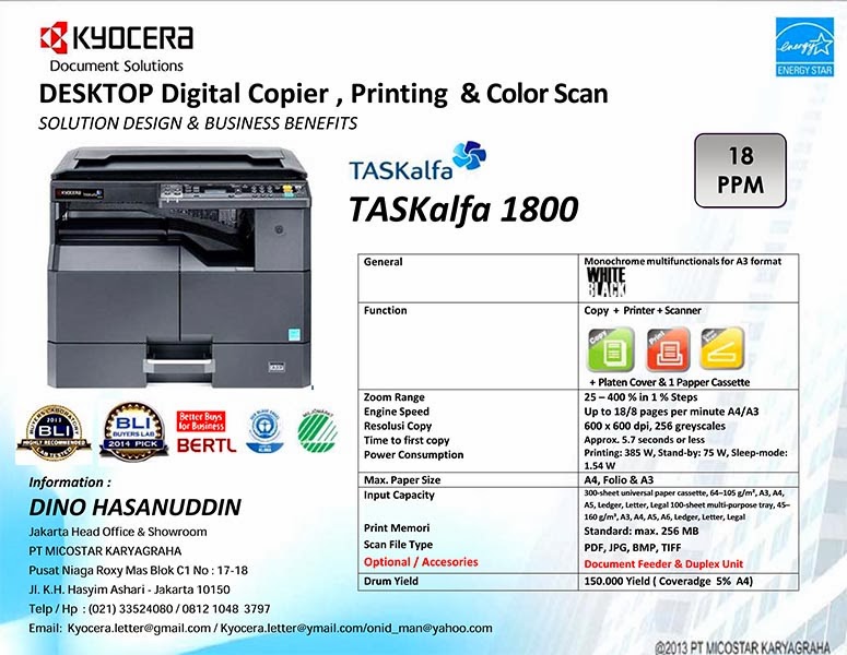เครื่องถ่ายเอกสาร ขนาด A3 ยี่ห้อ KYOCERA รุ่น TA-1800 (TASKalfa 1800) คุณสมบัติ พริ้น/ก็อปปี้/สแกน/A3 ราคาเพียง 27,900 บาท แถมฟรี บัตรกำนัล โลตัส 1,000 บาท (สินค้าใหม่แกะกล่อง) สนใจติดต่อ 090-808-5850,02-903-5179 รูปที่ 5