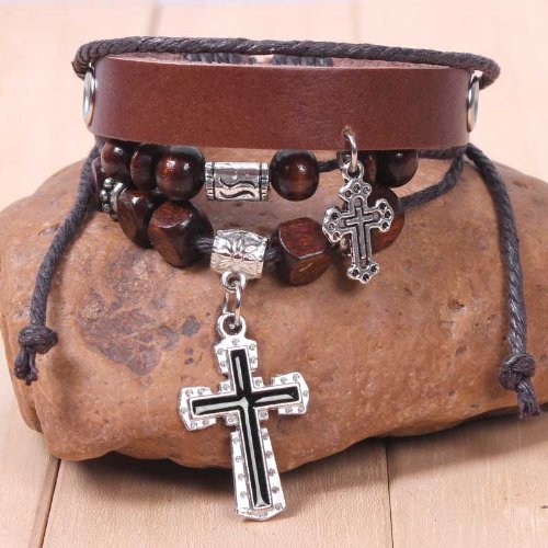 Generic Antique Retro Cross Leather Bracelet with Bead Charm Adjustable Wirstband ( Antique ) รูปที่ 6