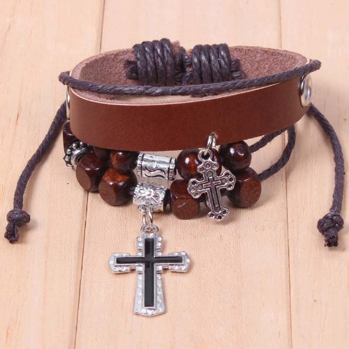 Generic Antique Retro Cross Leather Bracelet with Bead Charm Adjustable Wirstband ( Antique ) รูปที่ 5