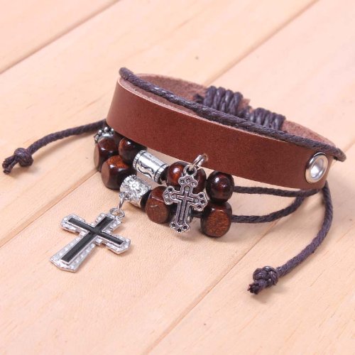 Generic Antique Retro Cross Leather Bracelet with Bead Charm Adjustable Wirstband ( Antique ) รูปที่ 3