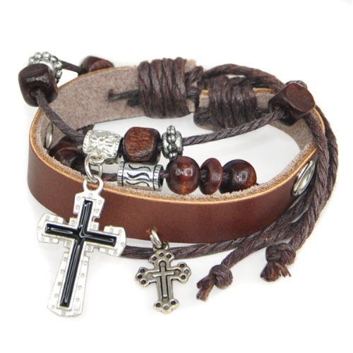 Generic Antique Retro Cross Leather Bracelet with Bead Charm Adjustable Wirstband ( Antique ) รูปที่ 1