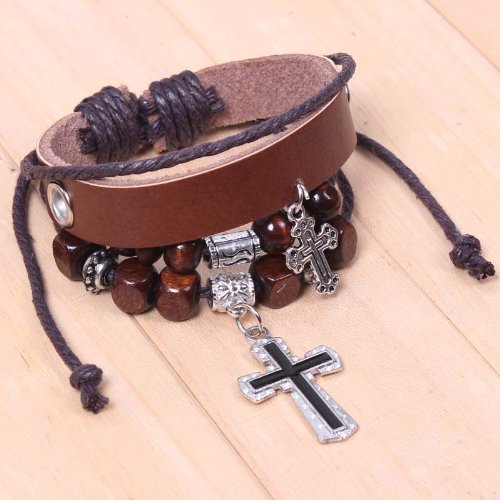 Generic Antique Retro Cross Leather Bracelet with Bead Charm Adjustable Wirstband ( Antique ) รูปที่ 4