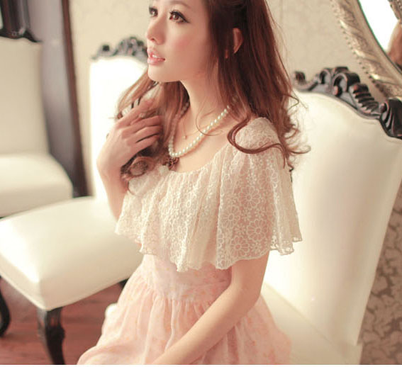 แฟชั่นชุดเดรส แต่งผ้าลูกไม้ ผ้าชีฟอ แขนกุด สีชมพู รูปที่ 4
