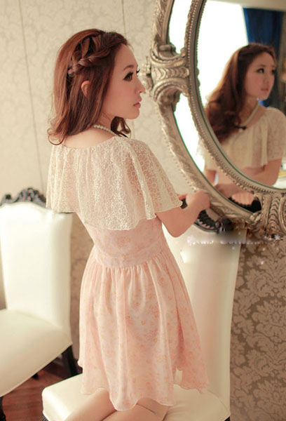 แฟชั่นชุดเดรส แต่งผ้าลูกไม้ ผ้าชีฟอ แขนกุด สีชมพู รูปที่ 3