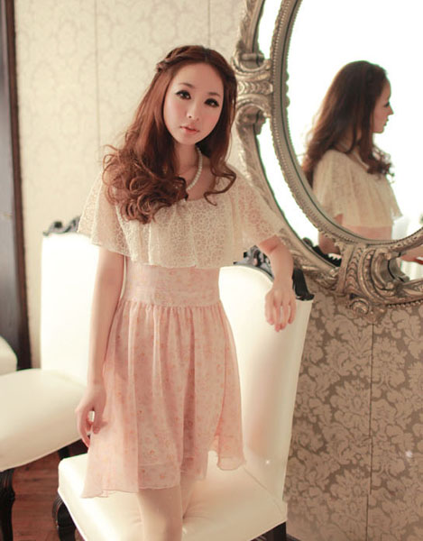 แฟชั่นชุดเดรส แต่งผ้าลูกไม้ ผ้าชีฟอ แขนกุด สีชมพู รูปที่ 6
