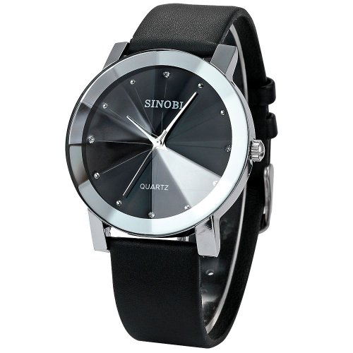 SINOBI Crystal Elegant Mens Women Black Quartz Leather Wrist Quartz Watch Gift SNB021 รูปที่ 1