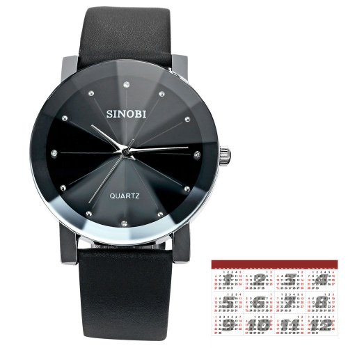 SINOBI Crystal Elegant Mens Women Black Quartz Leather Wrist Quartz Watch Gift SNB021 รูปที่ 7