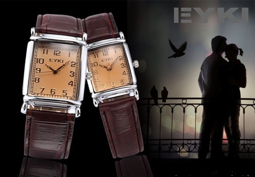 EYKI Classic Rectangle Dial Brown Leather Band Men's Couple Dress Wrist Watch EKI059 รูปที่ 3