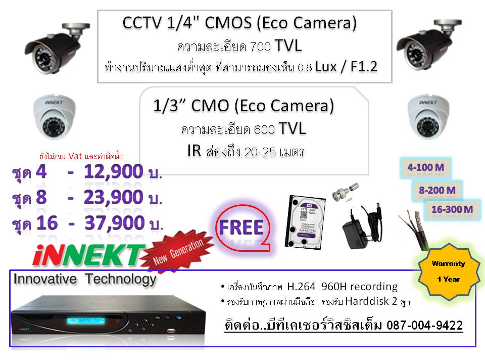 iNNEKT กล้องวงจรปิด 700 Tvl ครบชุดติดตั้งได้เลย รูปที่ 1