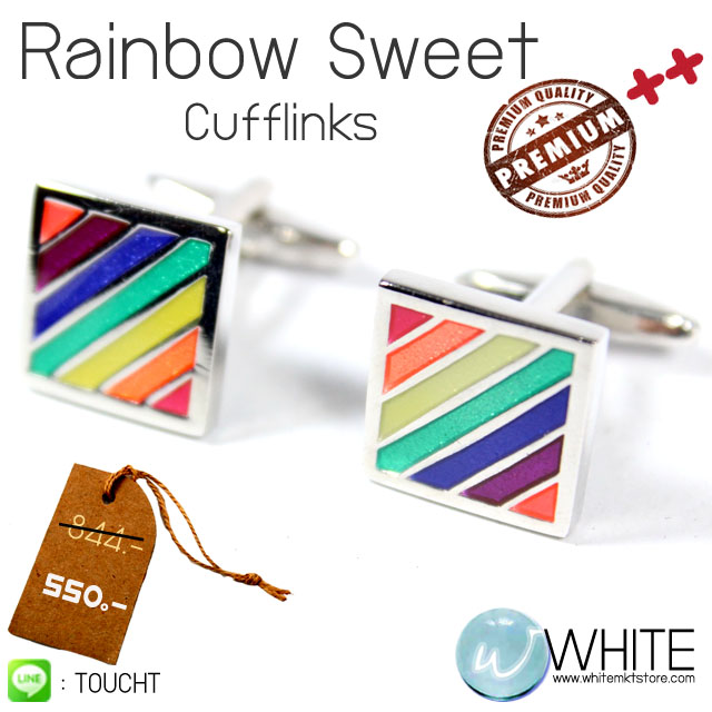 Rainbow Sweet Cufflinks - คัฟลิงค์ (กระดุมข้อมือ) ทรงสี่เหลี่ยมจตุรัส ลงยา สีรุ้ง ผลิตจาก ทองเหลืองชุบเงิน แวววาว พร้อม รูปที่ 1
