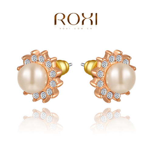 ต่างหูมุก คริสตัลทองหรูหราใหม่แฟชั่นสวย Rose Gold White Pearls Earrings นำเข้า สีขาว - พร้อมส่งW144 ราคา250บาท รูปที่ 1