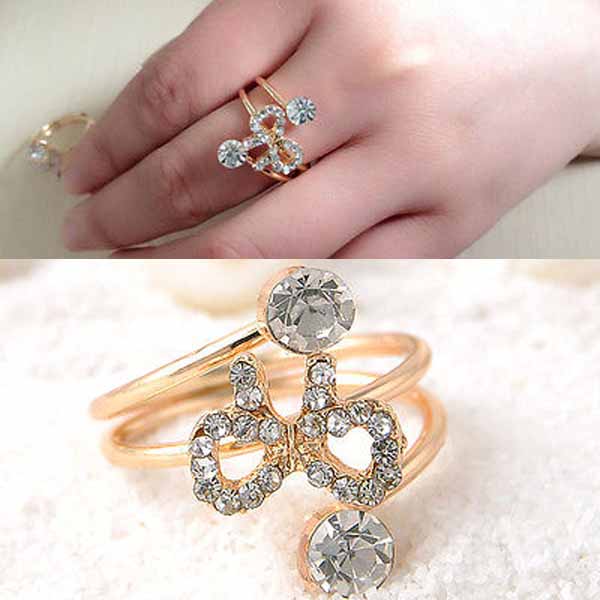 แหวนคริสตัล ใหม่แฟชั่นเกาหลีรูปโบว์สวยหรูหรา Gold Crystal Bow Rings นำเข้า สีทอง - พร้อมส่งW204 ราคา300บาท รูปที่ 1