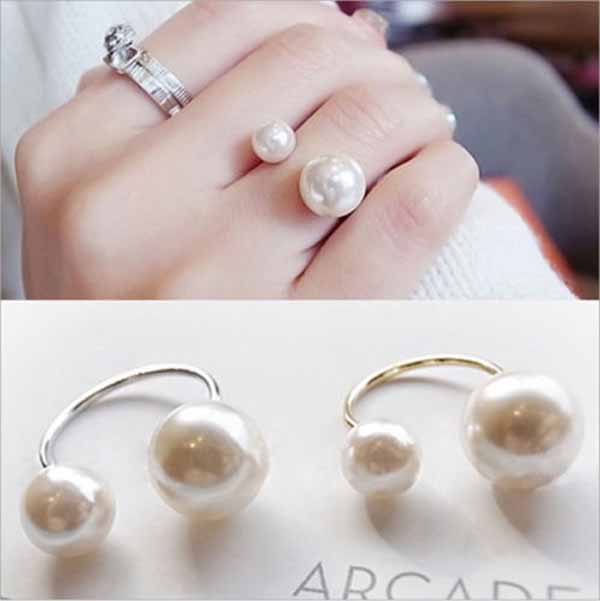 แหวนมุก2ด้าน ใหม่แฟชั่นเกาหลีสวยหรูหราปรับขนาดได้ Double Pearl Rings นำเข้า สีเงิน - พร้อมส่งW223 ราคา150บาท รูปที่ 1
