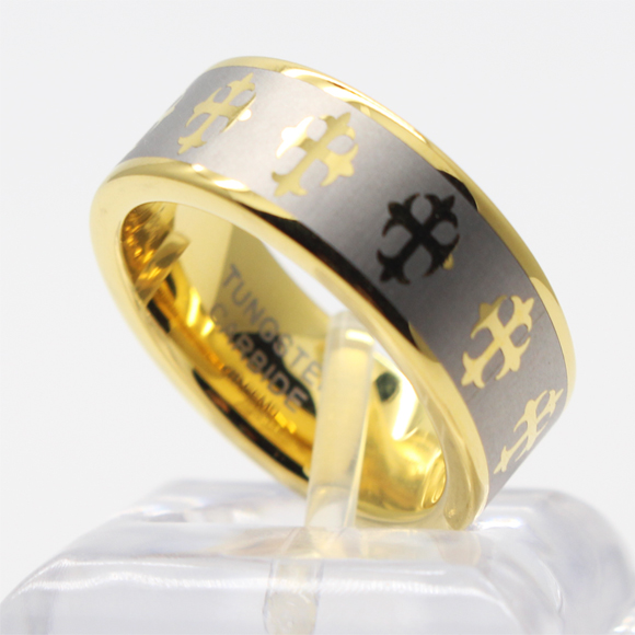 แหวนทังสเตน ดีไซน์กางเขนชุบทอง ขัดเงาอย่างดี ขนาด 8mm (Cross) รูปที่ 1
