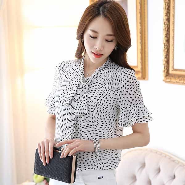 เสื้อชีฟองลายจุด แฟชั่นเกาหลีแขนสั้นระบายพร้อมโบว์ผูก นำเข้า ไซส์XL สีขาวดำ - พร้อมส่งBM2700 รูปที่ 4