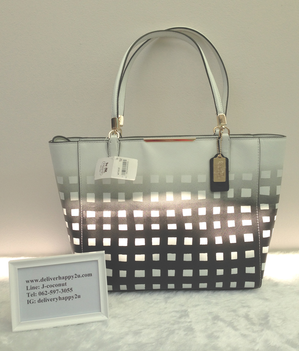 New พร้อมส่ง- Coach 30118 งานชอป Madison East West Gingham Printed Saffiano Leather Tote- Black White ของแท้ ของใหม่ป้ายห้อย รูปที่ 1