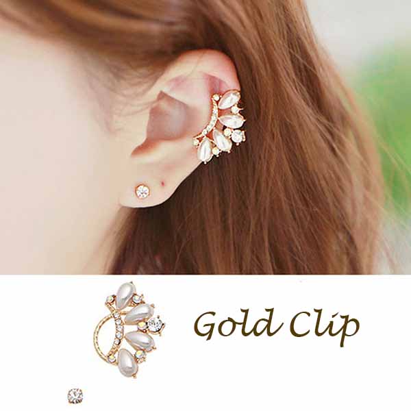 ต่างหูคลิป แฟชั่นเกาหลีหนีบใบหูแต่งมุกคริสตัล Ear Cuff Clip On Earrings นำเข้า สีทอง - พร้อมส่งW790 ลดราคา129บาท LINE User ID : @lotusnoss รูปที่ 1