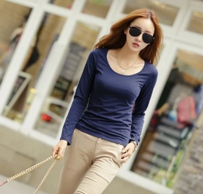 เสื้อยืดแขนยาว แฟชั่นเกาหลีผู้หญิงน่ารัก นำเข้า สีน้ำเงิน - พร้อมส่งTJ7404 ราคา250บาท รูปที่ 3
