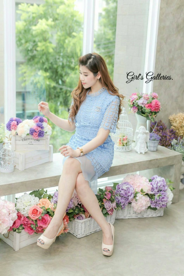 ชุดไปงานแต่งงาน ชุดไปงานแต่งสีฟ้า  ลูกไม้แขนสั้น  รูปที่ 5