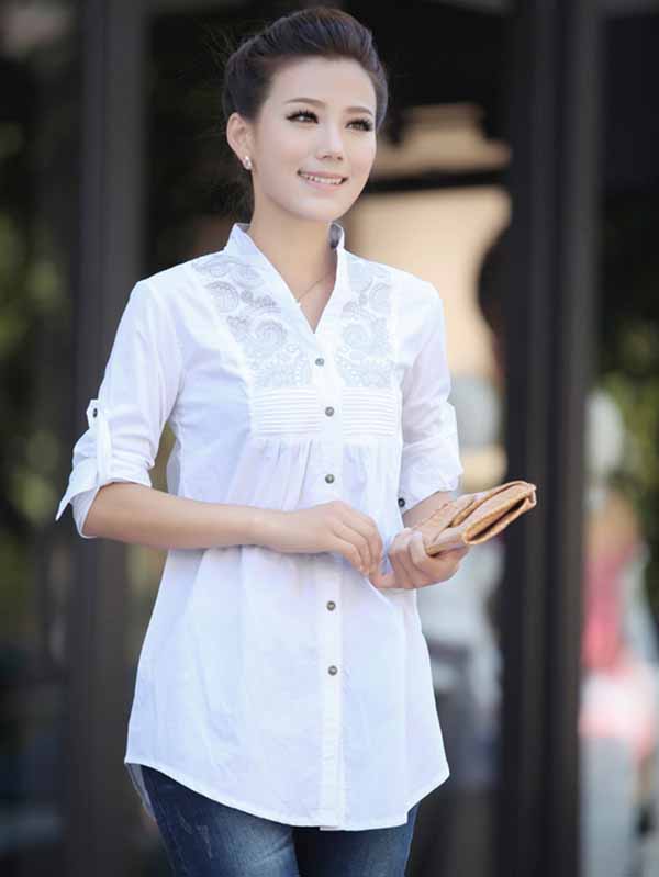 เสื้อเชิ้ตแฟชั่นเกาหลีปักลายสวยใส่ทำงานตัวยาวสไตล์วินเทจหรู นำเข้า ไซส์2XL สีขาว - พร้อมส่งTJ7607 รูปที่ 1