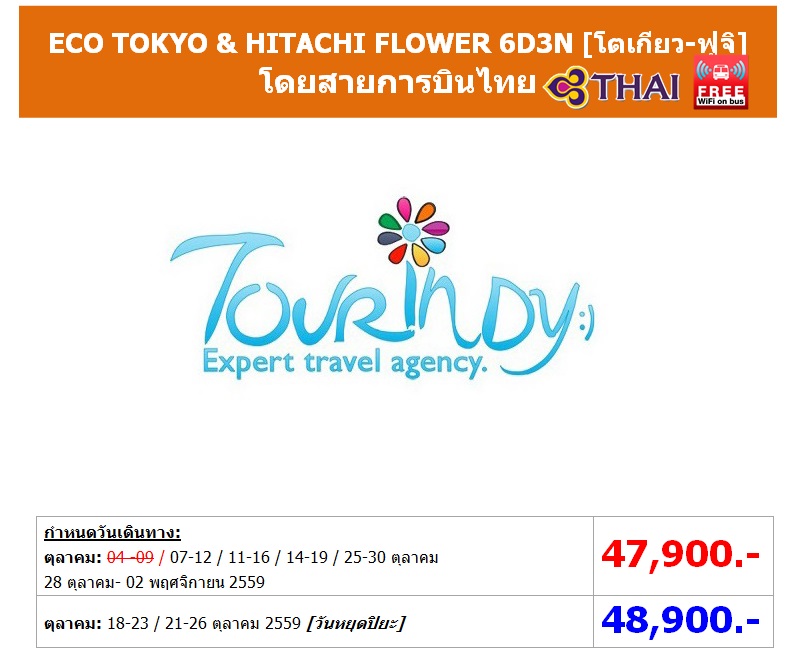 ทัวร์ญี่ปุ่น เที่ยวญี่ปุ่นราคาถูกตุลาคม 59  ECO TOKYO & HITACHI FLOWER 6D3N โดยสายการบิน TG ราคาเริ่มต้น 47,900 บาท รูปที่ 1