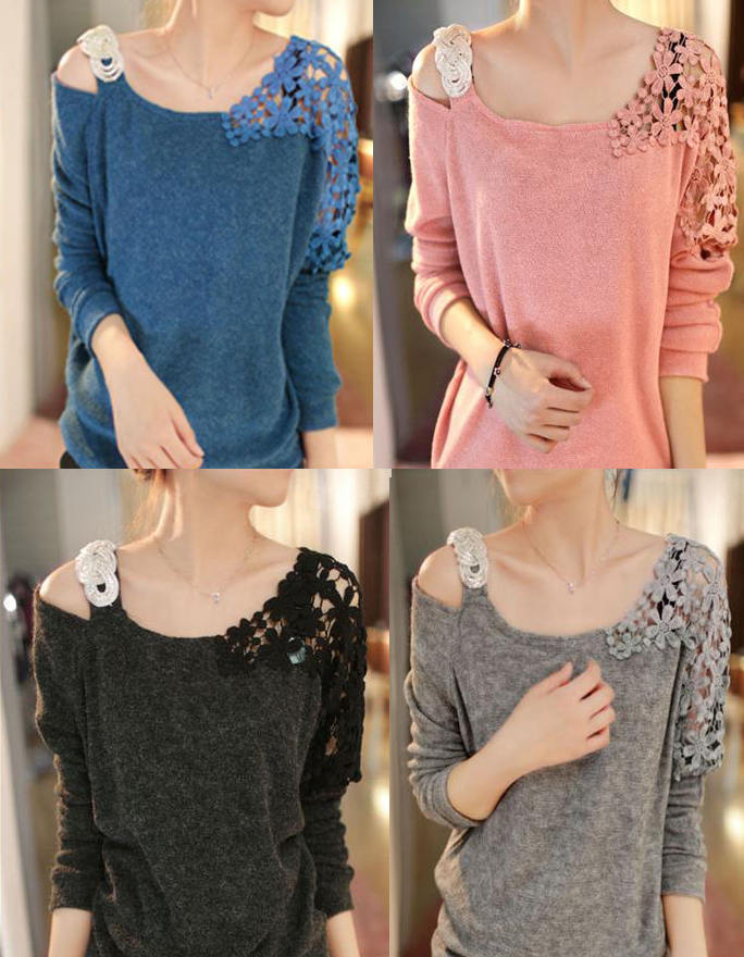 เสื้อแฟชั่นไหมพรม แต่งไหล่ 4 สี แบบสวยน่ารัก รูปที่ 1