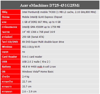 ขาย NoteBook Acer eMachines D725 สภาพใหม่มาก ราคาถูก                                                                                                                                รูปที่ 1