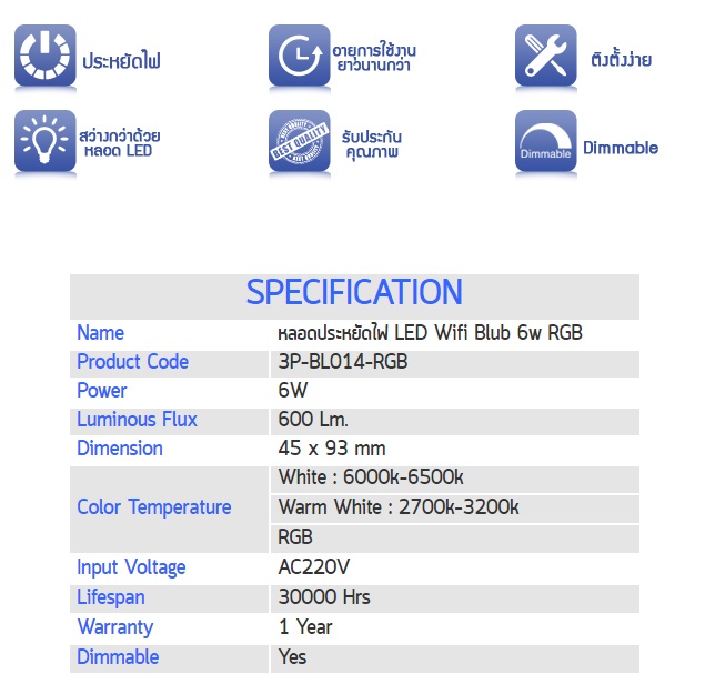 LED Wifi Bulb 6w RGB 2 หลอด พร้อมรีโมทและคอนโทรลเลอร์ รูปที่ 6