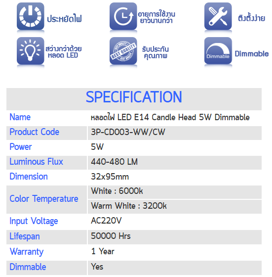 LED Candle 5W E14 Dimmable Head รูปที่ 4