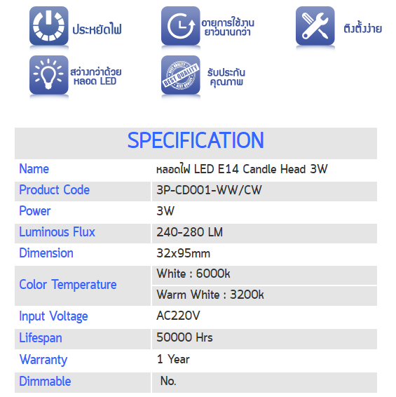 LED Candle 3W E14 Head รูปที่ 4