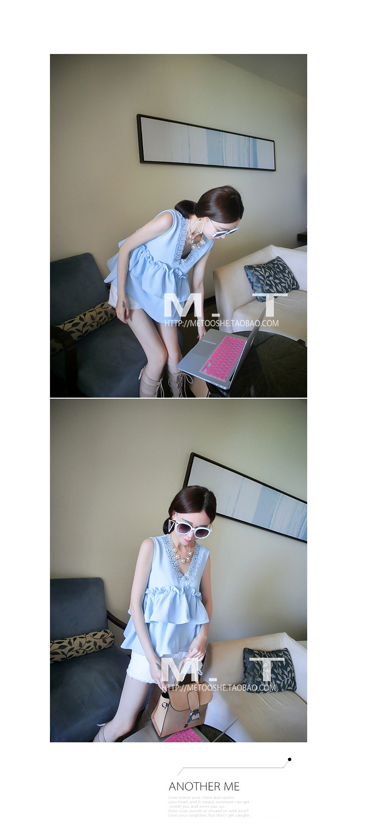 เสื้อแฟชั่น แขนกุด แต่งผ้าระบาย สีฟ้า  199  บาท รูปที่ 2