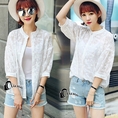 เชิ้ตคอปกสีขาว ทรงแขนพอง ผ้าชีฟองปักลายขาว Korean Summer Time Lace Shirt by Cliona
