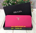 กระเป๋าสตางค์  Prada Saffiano แบบซิปรอบ อะไหล่สีทอง สีชมพูหนังแท้  (เกรด Hi-End)  