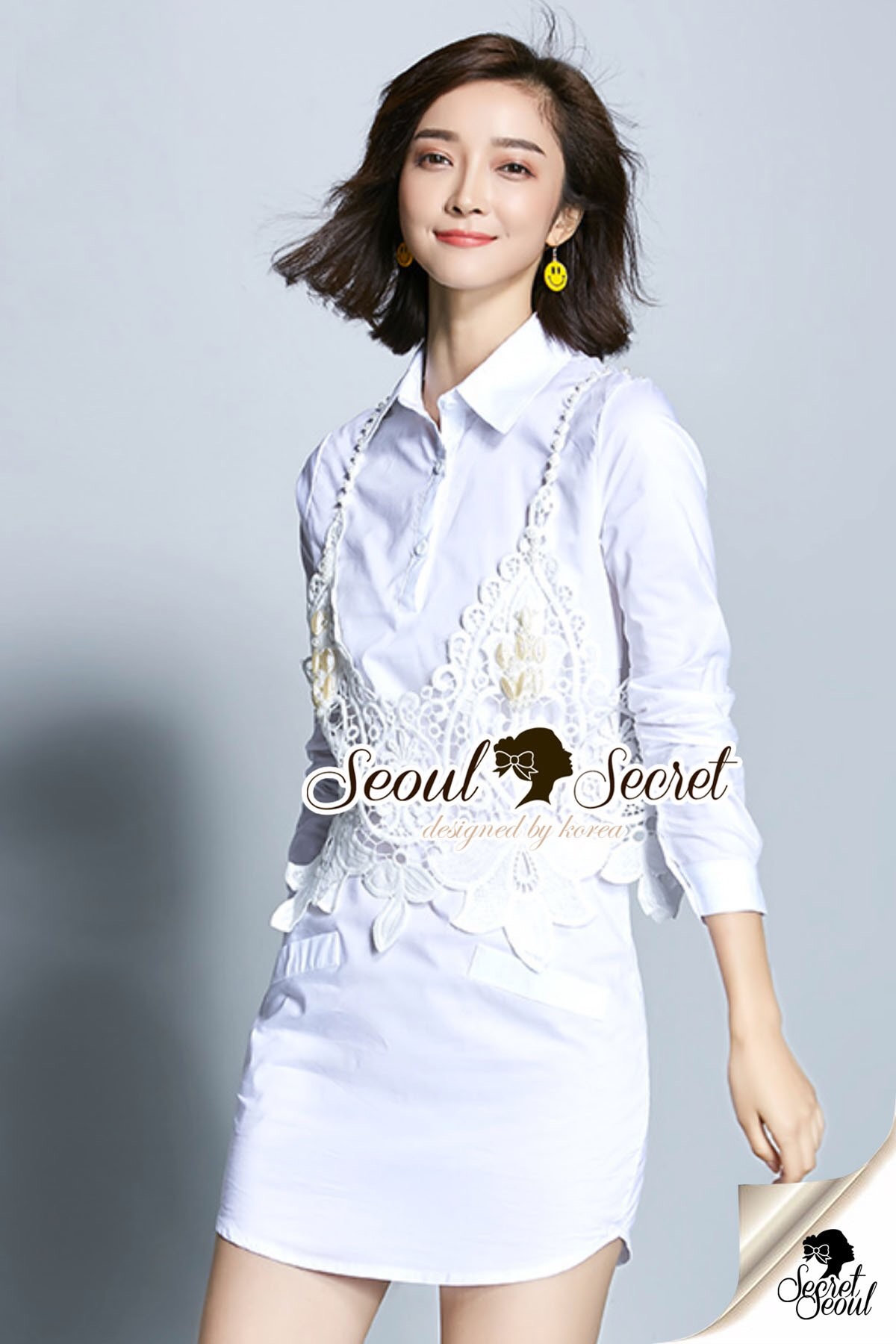 Seoul Secret Say's... Ivory Outer Lace Pearl Stickly Shirt Dress รูปที่ 1