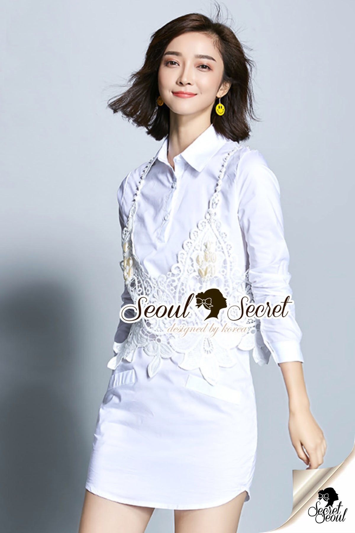 Seoul Secret Say's... Ivory Outer Lace Pearl Stickly Shirt Dress รูปที่ 2