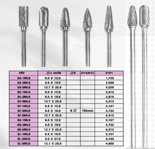  หัวเจียรคาร์ไบด์ Solid Carbide : Veo รุ่นก้านยาวพิเศษ แกน 6 มิล ความยาวทั้งตัว 150 มิล รูปที่ 1