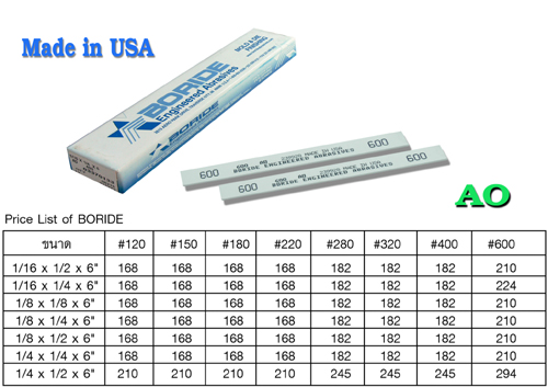 หินขัดแม่พิมพ์ Boride (A0) ใช้สำหรับขัดแม่พิมพ์เป็นหินขัดที่คุณภาพสูง ผลิตจากประเทศ อเมริกา สีครีมงาช้าง  มีส่วนผสมของ่น้ำมันในเนื้อหินจึงใช้น้ำมันช่วยขัดน้อย  สะดวก และรวดเร็วในการทำงาน ชิ้นงานออกมาตามความต้องการ  แม่พิมพ์ ทั่วไป และยังใช้ได้ดีกับ แม่พิมพ์ที่ผ่านการสปรารค์ด้วยเครื่อง  EDM  หมายเหตุ ของแท้ต้องยี่ห้อ Boride รูปที่ 1