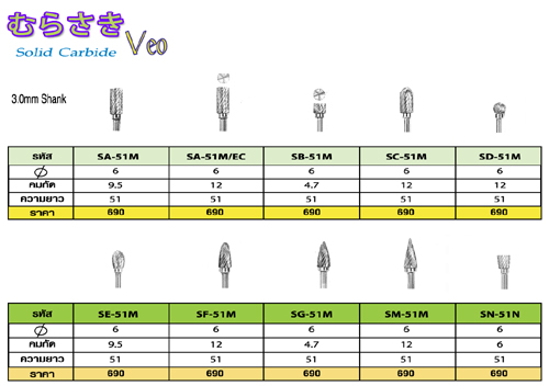 หัวเจียรคาร์ไบด์ Solid Carbide : Veo แกน 3 มิล หัว 6 มิล ยางทั้งตัว 39 มิล มีทั้ง Single Cut และ Double Cut รูปที่ 1