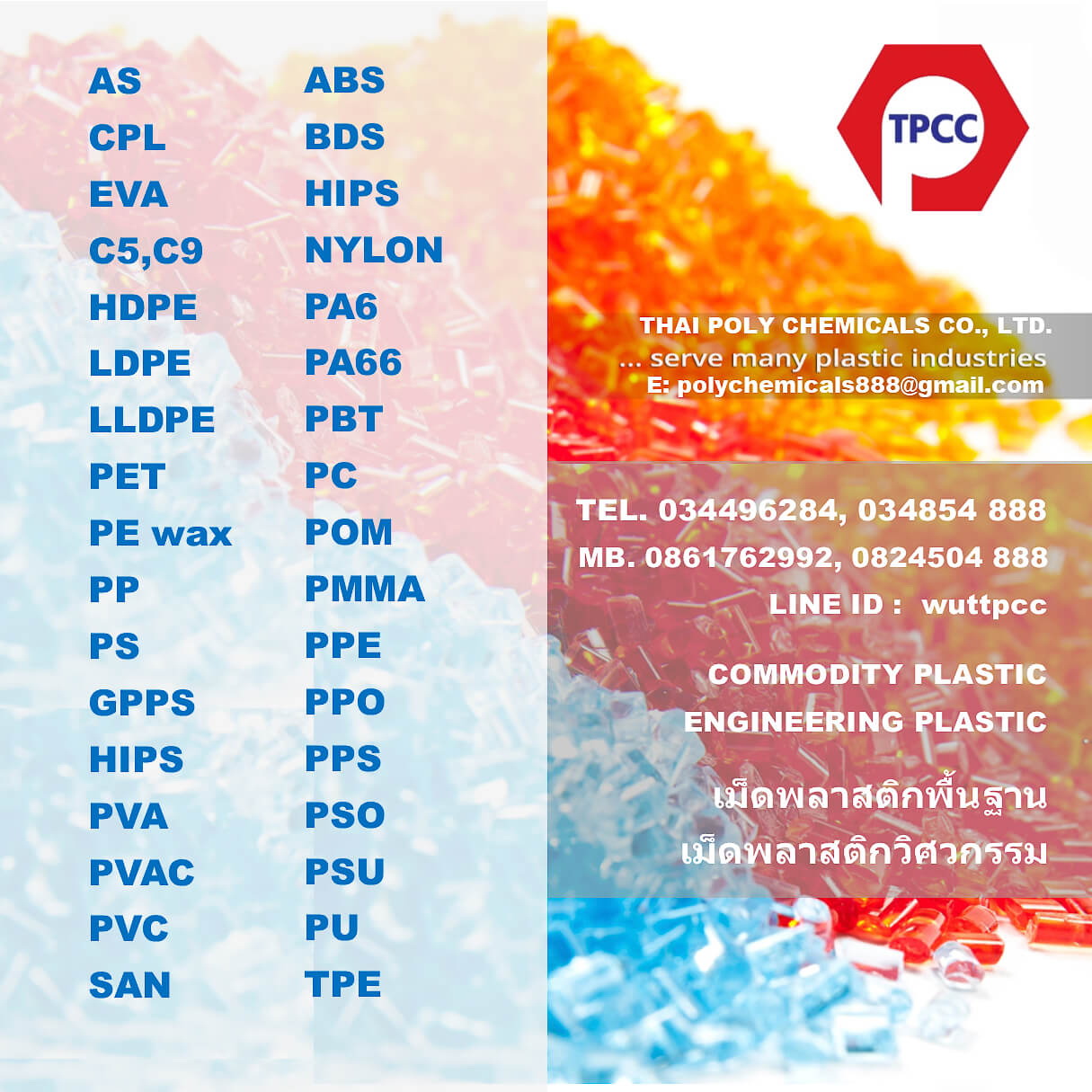 จำหน่ายเม็ดพลาสติก, พลาสติกวิศวกรรม, ABS, PA6, PA66, PBT, PC, POM, PMMA, PPE, PPO, PPS, PSU,TPE รูปที่ 1