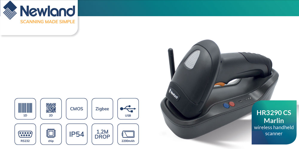 บาร์โค้ด HR3290-CS เครื่องอ่าน QR code ไร้สาย 2D Area Imager Newland  Handheld Reader, Zigbee technology, with 2m straight RS232 cable,adapter,black housing, Newland ASIC รูปที่ 2